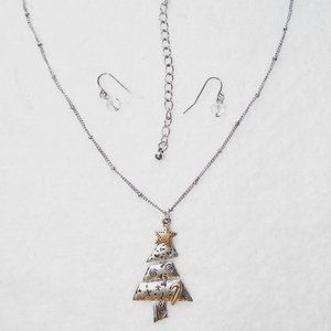 Rustic Christmas Tree Necklace & Earrings Set Two-tone Mixed Metal